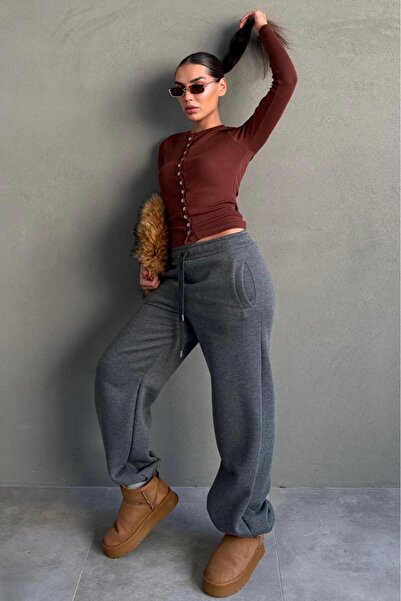 Madmext Anthracite Wide Leg Comfortable Fit Elasticated Sweatpants Mg2581