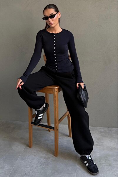 Madmext Black Wide Leg Comfortable Fit Elasticated Sweatpants Mg2581