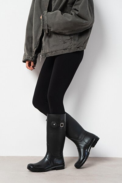 NİŞANTAŞI SHOES Rain Black Matte Flat Sole Below-Knee Women's Rain Boots