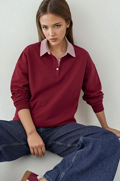 Hiccup Woven Garni Detailed Oversized Polo Neck Sweatshirt