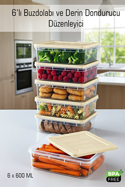 FİTHOME 6 Pieces 600 ml Refrigerator and Freezer Storage Containers In-Cabinet Organizer Set Microwave Safe