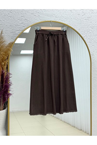 MİHRA STORE Fusta din Gabardină Feyona cu șase ciucuri-MA4281 Maro