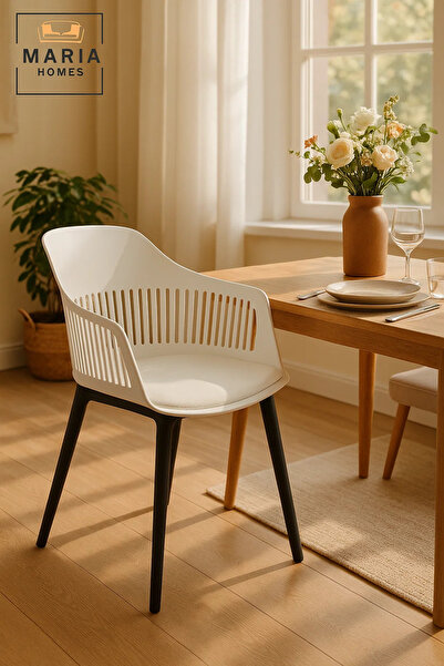 MARIA HOMES كرسي بذراعين بلاستيكي أبيض بأرجل سوداء، كرسي ظهر حديث جيد التهوية...