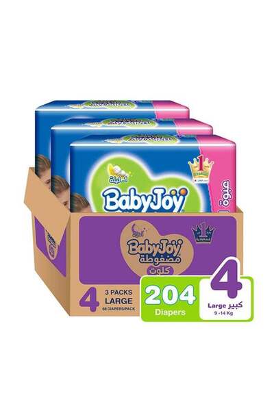 BabyJoy Compressed Culotte Pants Diaper, Size 4, Large, 9-14 Kg, Giant Box, 204 Diapers