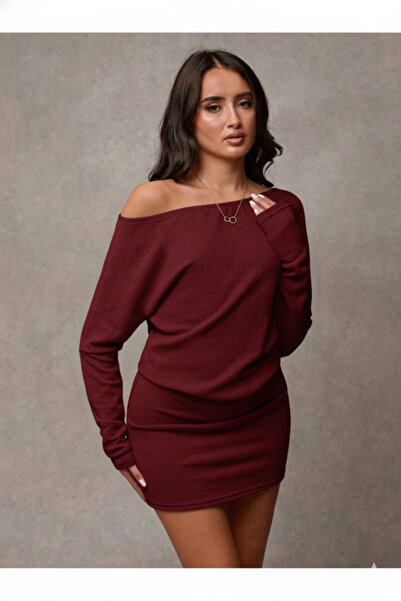 Machetta Women's Off-The-Shoulder Thessaloniki Fabric Boat Neck Asymmetrical Neckline Long Sleeve Tight Mini Chic Dress