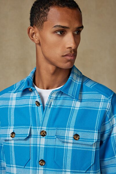 Abbate Fumo Flannel Cotton Overshirt Fit Dark Blue Classic Collar Men's Plaid Overshirt