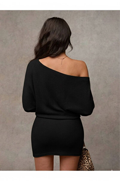 Machetta Women's Off-The-Shoulder Thessaloniki Fabric Boat Neck Asymmetrical Neckline Long Sleeve Tight Mini Chic Dress