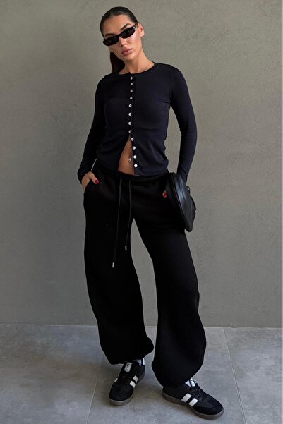 Madmext Black Wide Leg Comfortable Fit Elasticated Sweatpants Mg2581