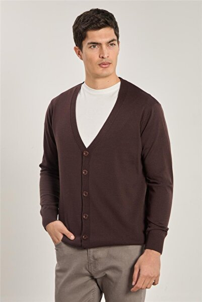 BARRELS AND OIL Men's v-neck buttoned knit cardigan - bitter brown