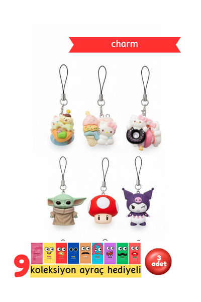 Pembe Pasaj Charm Telefon Süsü - Figürlü Charm - Çanta Süsü - 3 Adet