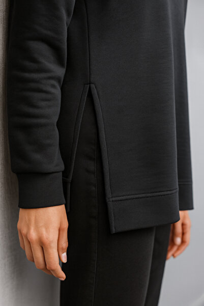 VENA Women's Crew Neck Side Slit Regular Fit 3 Thread Sweatshirt 100% Cotton - Black