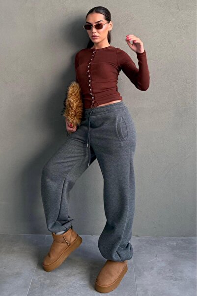 Madmext Anthracite Wide Leg Comfortable Fit Elasticated Sweatpants Mg2581