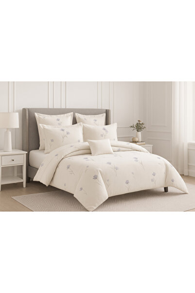 Casa Pucioasa 6-Piece Bed Linen - High Class Extra Fine Cotton, Cream with Purple Flowers -