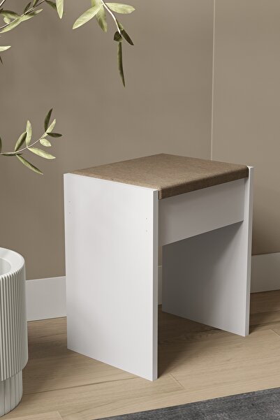 DEKORFİM Taburet pentru masă de machiaj, tapițat, alb – 47x40x30 cm