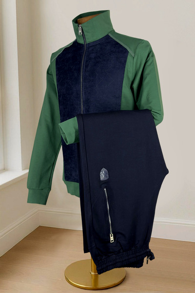 BESSA Men's Suede Detailed Green Tracksuit Set Transitional Fabric Standard Fit