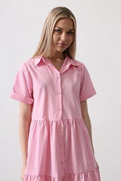 GENCULUS Short Sleeve Button Dress Candy Pink