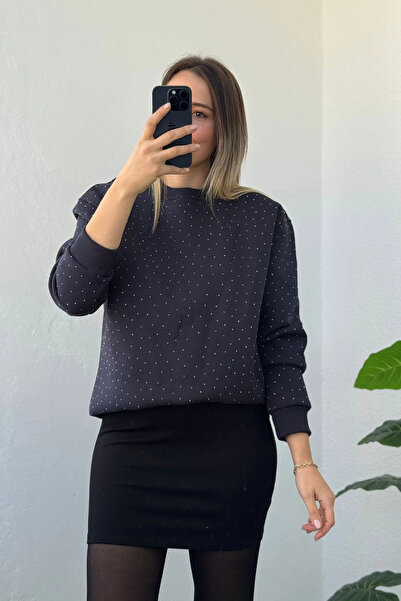 Kubos Moda Hanorac cu mânecă balon brodat cu piatră B guler rotund bleumarin