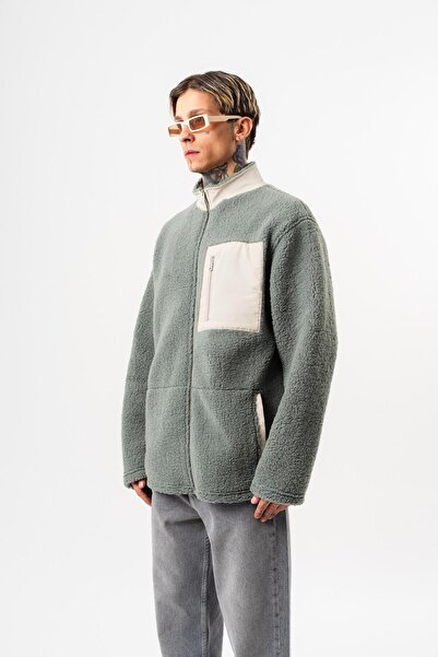 Respire Men's Zip Oversized Teddy Jacket Green