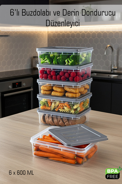 FİTHOME 6 Pieces 600 ml Refrigerator and Freezer Storage Containers In-Cabinet Organizer Set Microwave Safe