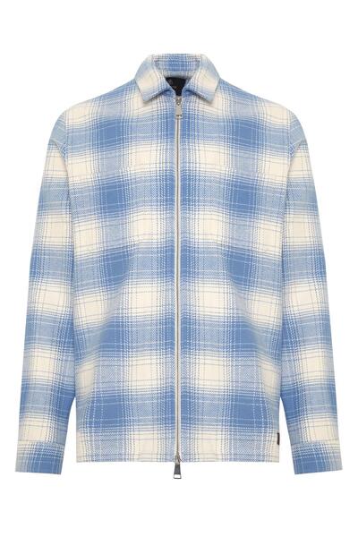 Abbate Prato Flanel Cotton Overshirt Fit Blue Classic Collar Men's Plaid Overshirt