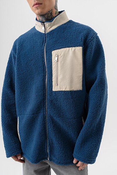 Respire Men's Zip Oversized Teddy Jacket Navy Blue