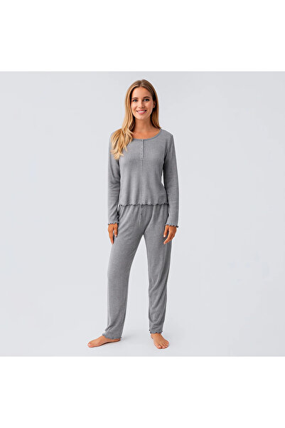 Penelope Perla 100% Cotton Lace-Like Knit Knitted Pajama Set - Gray / L