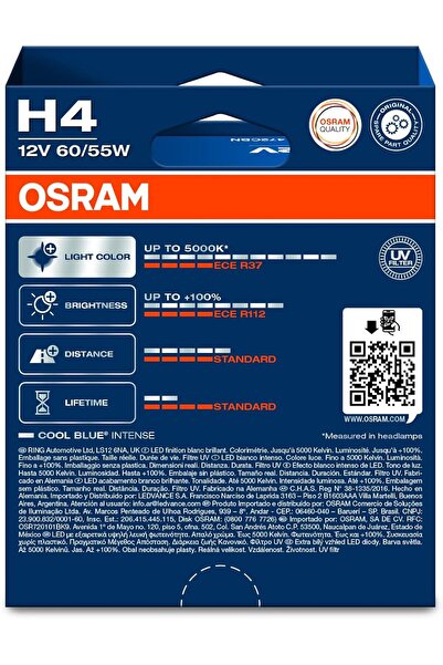 Osram COOL BLUE INTENSE H4 Halogen Headlight Lamp, +100% Brightness, 5000K, Duo Pack (2)