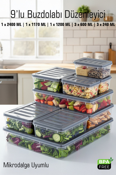 FİTHOME 9-Piece Refrigerator Organizer Storage Container Set Microwave Compatible Bpa Free Inside Cabinet Organizer