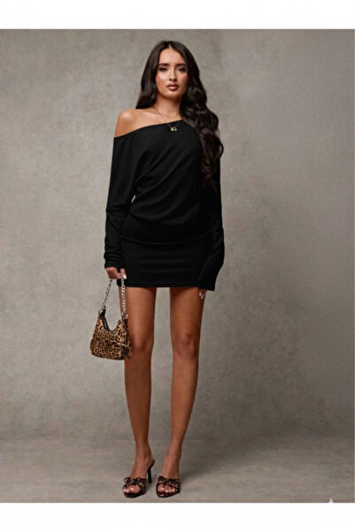 Machetta Women's Off-The-Shoulder Thessaloniki Fabric Boat Neck Asymmetrical Neckline Long Sleeve Tight Mini Chic Dress