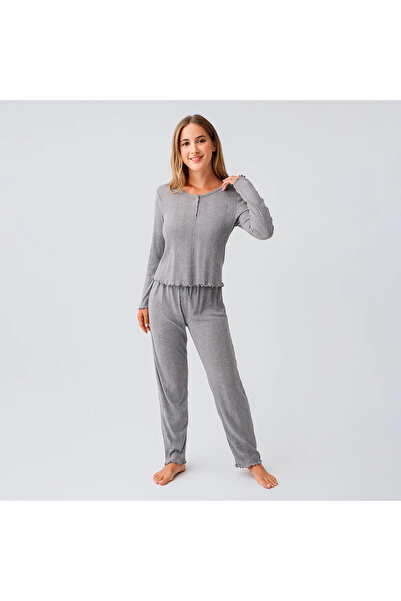 Penelope Perla 100% Cotton Lace-Like Knit Knitted Pajama Set - Gray / L