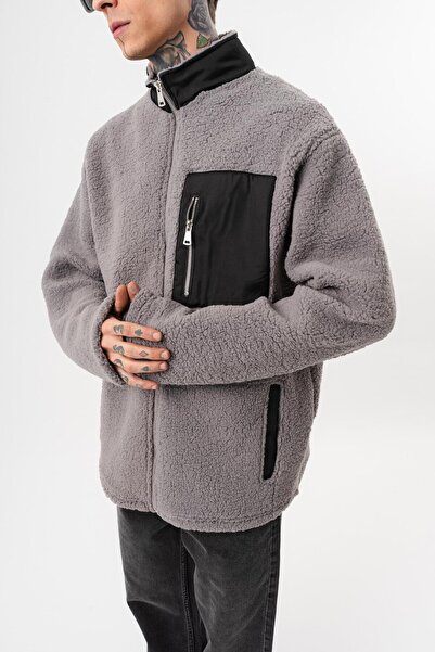 Respire Men's Zip Oversized Teddy Jacket Gray
