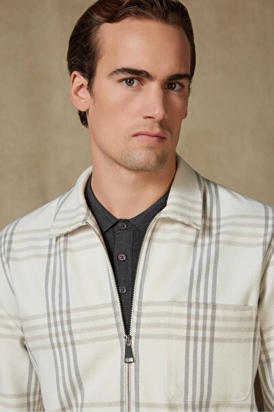 Abbate Prato Flanel Cotton Overshirt Fit Ecru Classic Collar Men's Plaid Overshirt