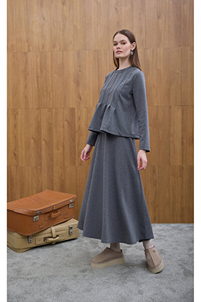 Birgül Bektaş Gray Pleated Detailed Skirt Set