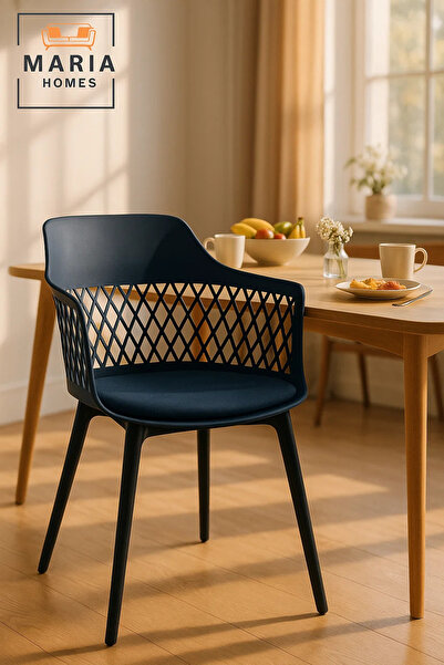 MARIA HOMES Blue Diamond-Back Plastic Armchair Modern Indoor Outdoor Chair with Black Legs and Ventilated Design