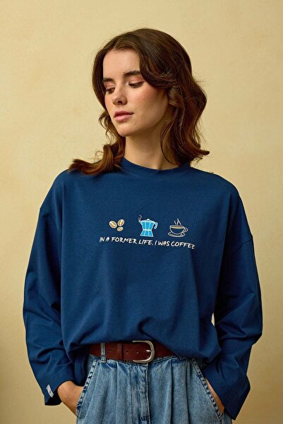 Ceylan Otantik Navy Blue Coffee Printed Basic Body