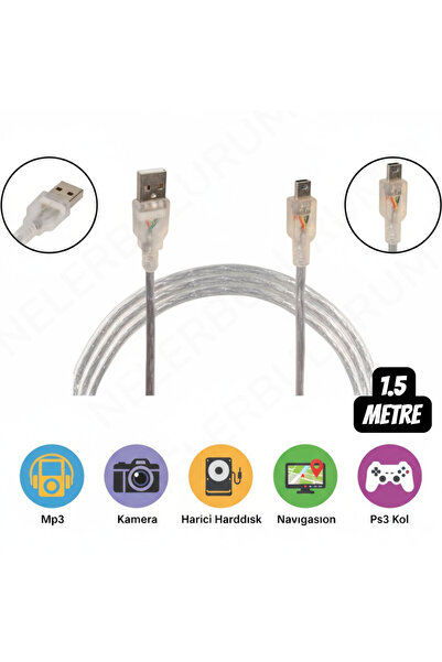 nelerbulurum 1.5 Metre Kol Şarj Kablosu 5 Pin Mini Usb Usb5-pin Usb Kamera Ps Hdd Navigasyon Mp3 Harddisk Kablosu