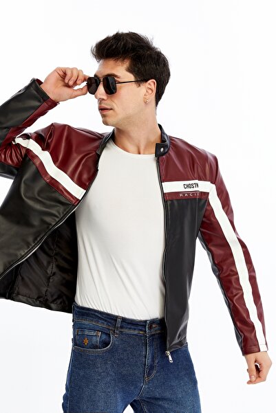 CHOS7N Men's Striped Printed Leather Jacket Zippered Coat