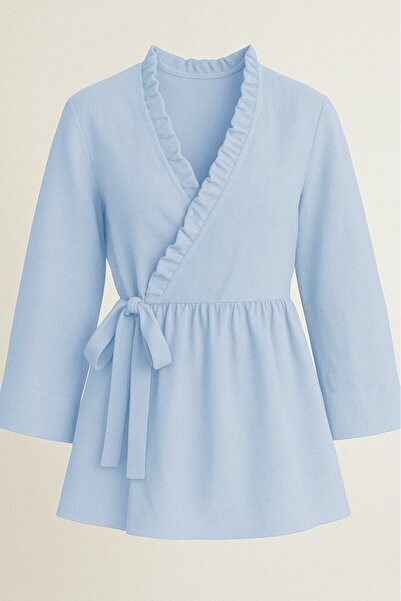 Genel Markalar Yakası Fırfırlı Yandan Bağlamalı Keten Kimono -Bebe Mavi