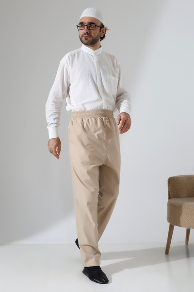 ihvan online Men's Elastic Waist Pocket Hajj Umrah Linen Shalwar Pants - Beige (VŞN)