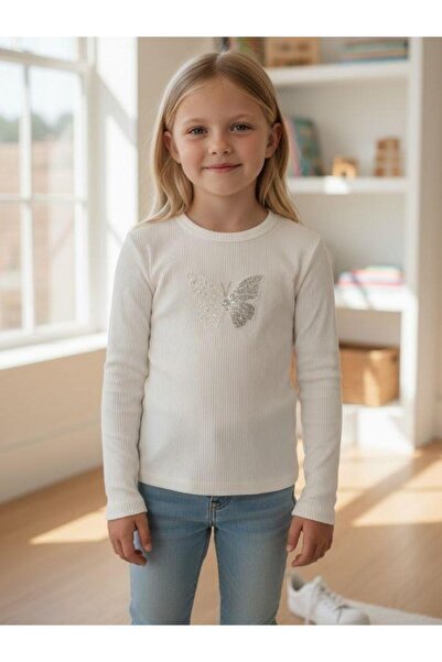 Zekids Girls' Beaded Butterfly Embroidered F Corded Fabric Long Sleeve T-Shirt