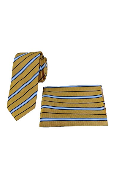 Exve Exclusive Yellow Navy Blue Striped Jacquard Woven Tie and Handkerchief Set with Gift Box