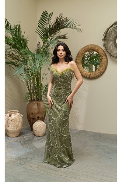 Serica Moda Πράσινο βραδινό φόρεμα χωρίς λουράκια με λεπτομέρεια κεντήματος Otriş