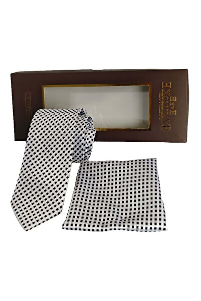 Exve Exclusive White and Black Lattice Knitted Patterned Soft Tie and Handkerchief Set with Gift Box