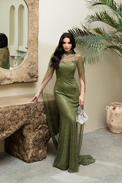 Serica Moda Khaki Strapless Beading Cape Evening Dress