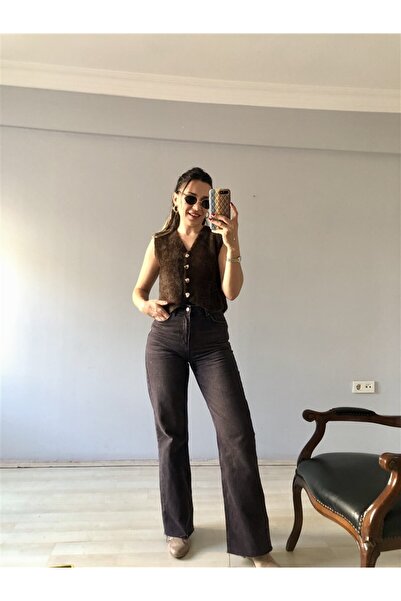 Gözde Tasarım Butik Women's Brown Stone-Washed High Waist Loose Palazzo Jeans Denim Pants