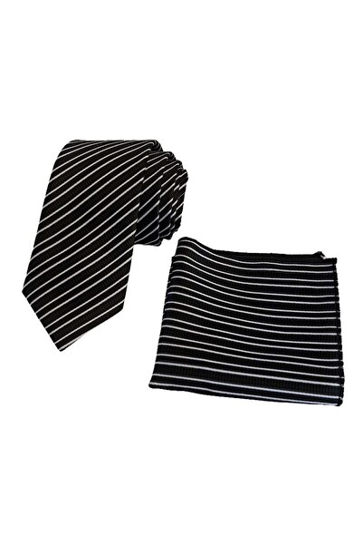 Exve Exclusive Black and White Elegant Striped Jacquard Woven Tie and Handkerchief Set with Gift Box