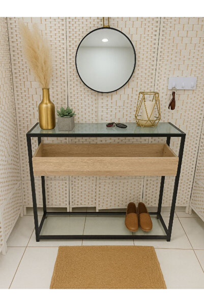 BEC59 طاولة كونسول مدخل مودرن (120 سم) - سطح خشبي وأرجل حديدية سوداء