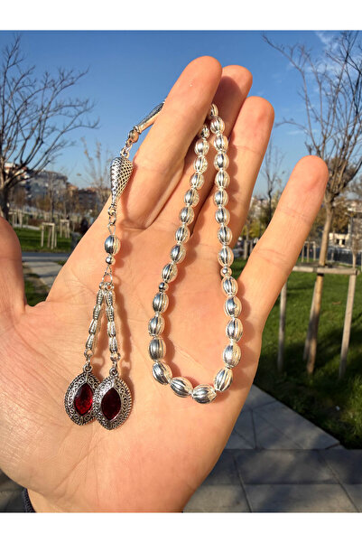 A-STİL TAKI Pure Silver Plated Rosary with Double Embroidered Ruby Tassels