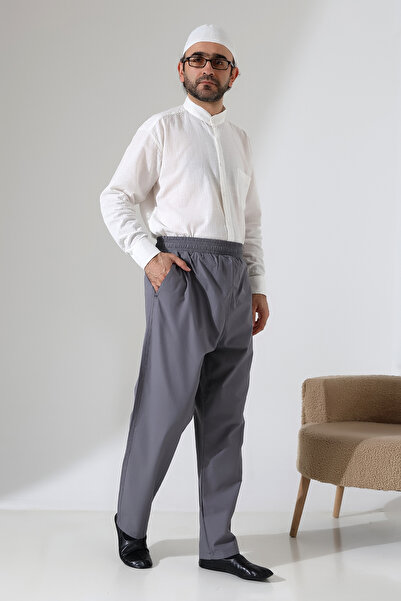 ihvan online Men's Elastic Waist Pocket Hajj Umrah Linen Shalwar Pants - Anthracite (VŞN)