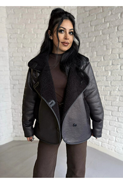 moneta boutique معطف جلدي نسائي من نوع O قصة فضفاضة مبطن بالقطيفة